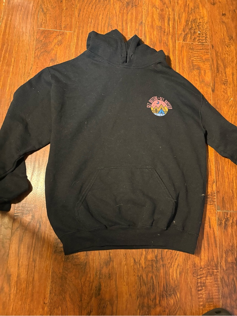 Black Hooded Sweatshirt with Small Colorful Chest Patch